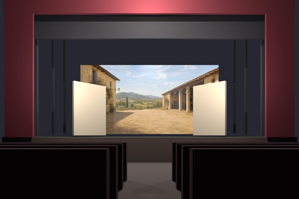 Esempio di render dal pubblico: fondale proiettato ed elementi scenografici fisici nella cornice della sala